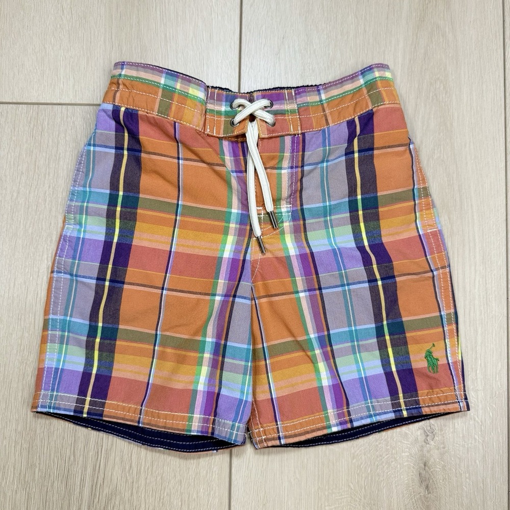 Polo Ralph Lauren‎ Boys Madras Plaid Swim Trunks 4/4T Multicolor Cotton Nylon